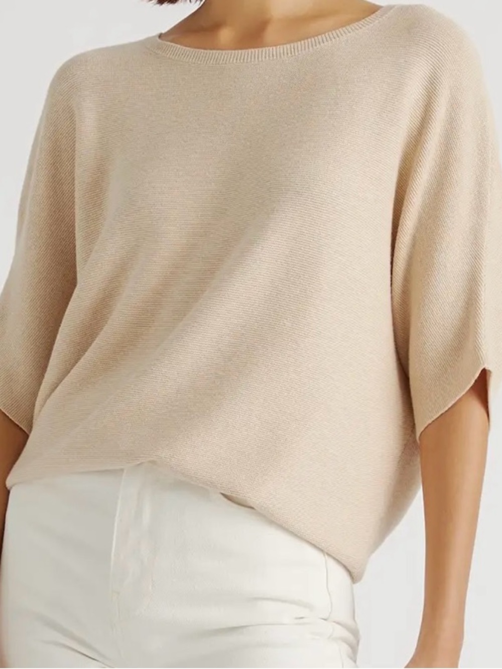 Quince Cotton Cashmere M Sweater Link-Stitch Dolman Tan Oatmeal Oversized $80